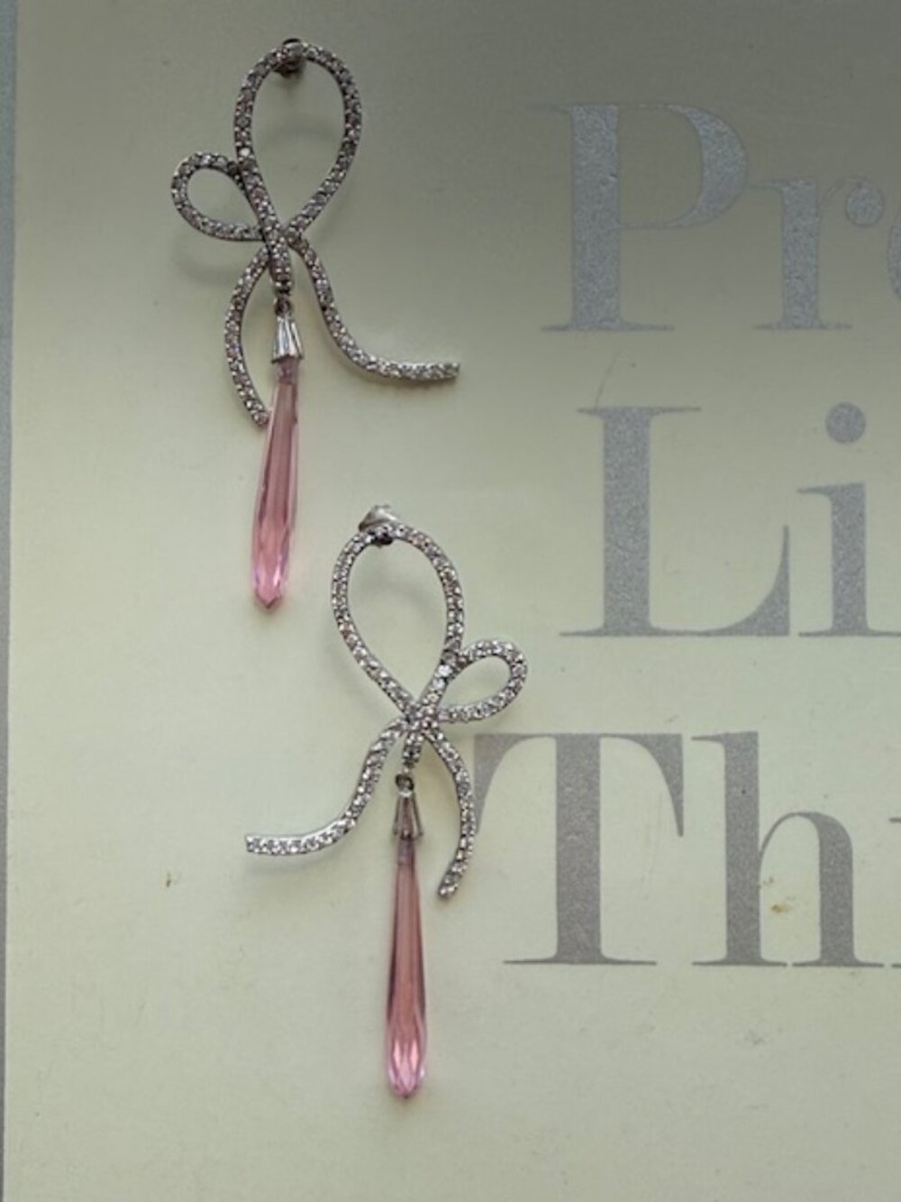 Bow Silver and Pink Earrings - Cubic Zirconia